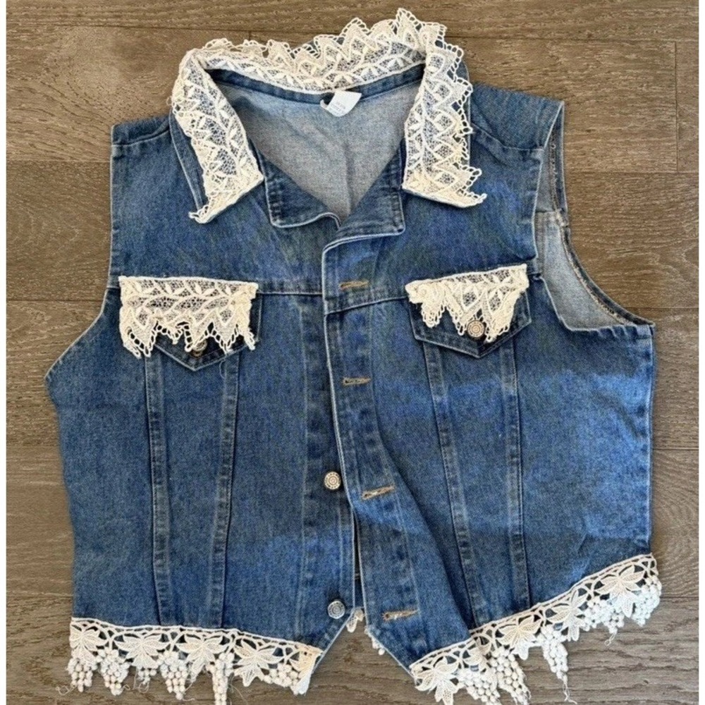 LA Match Lace Trim Denim Vest Women's XL Button Front Boho Western Jean Top